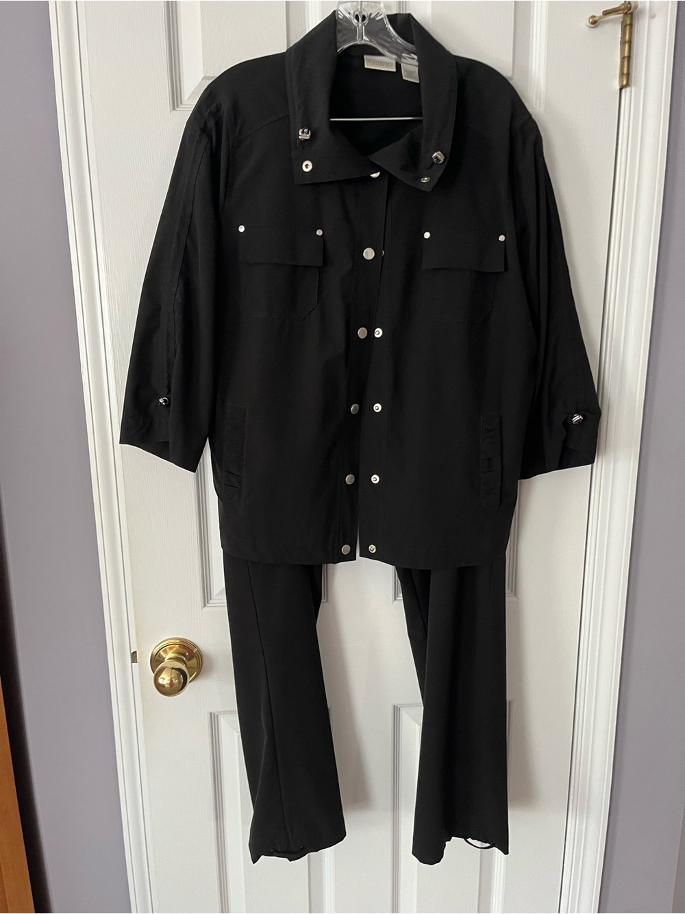 Chico's Black Two-Piece Pant Set with Snap-Front Jacket